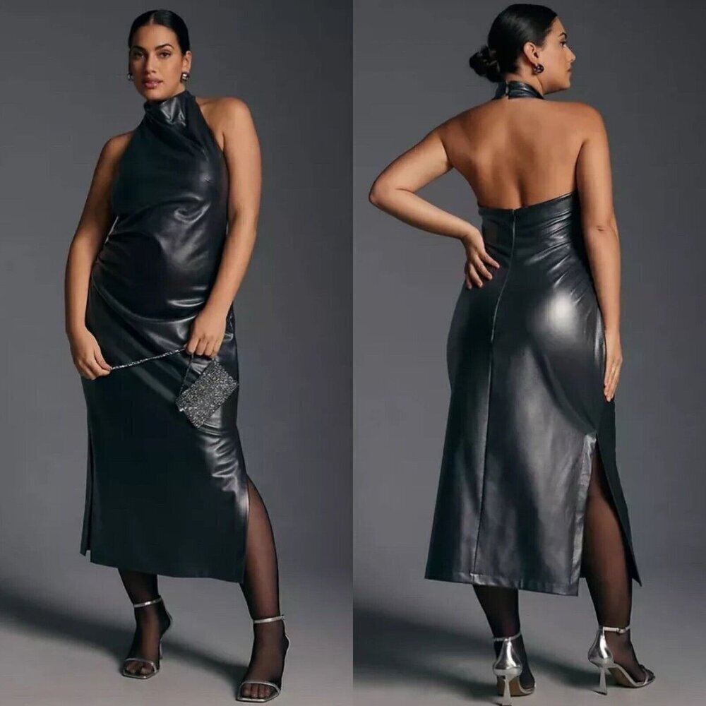 NWT Anthropologie Halter Slim Ruched Midi Dress 3X Silver Cocktail Backless
